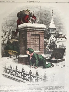 1876 THOMAS NAST SANTA CLAUS CHRISTMAS HARPER’S WEEKLY HAND COLORED ENGRAVING - Picture 1 of 2