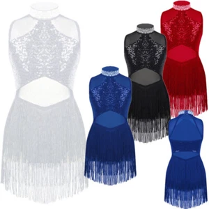 AU Girls Sequins Tassel Hem Dance Dress Jazz Latin Stage Performance Costume - Picture 1 of 51