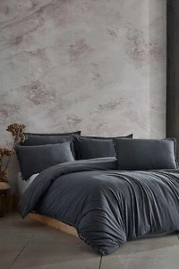Egypt 5 Pcs Queen Duvet Cover Set Dark Gray 100% Washed Pure Cotton Super Soft - Picture 1 of 4