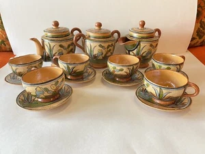Antique Mexican Tlaquepaque Petatillo lidded Pottery Teaset Teapot Cup Saucer CS - Picture 1 of 11