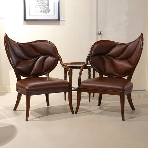 Pair of Leaf back Left and Right Mahogany Carved Arm Lounge Chairs Brown Leather Cover