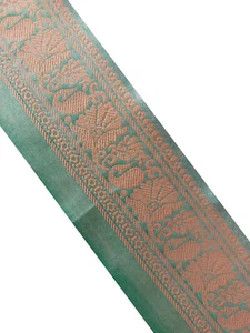 Indian Vintage Pure Tussar Silk Saree Trim | Handwoven Green & Gold Border - Picture 1 of 11