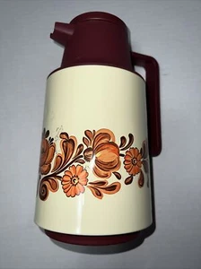 Vintage 10in Insulated Thermos Burgundy In Color With A Flower Design - Picture 1 of 9
