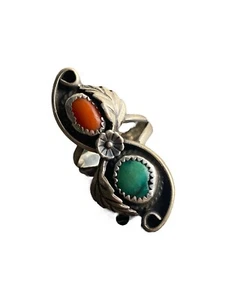 Signed RJ Red Coral Turquoise Sterling Navajo Ring Approximate Size 6-7 - Picture 1 of 10