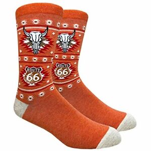 Men's Hipster Route 66 Longhorn Novelty Crew Dress Socks (Orange)