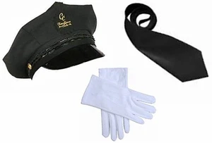 MENS CHAUFFEUR CAP GLOVES AND TIE COSTUME ACCESSORY SET LIMO DRIVER FANCY DRESS - Picture 1 of 1