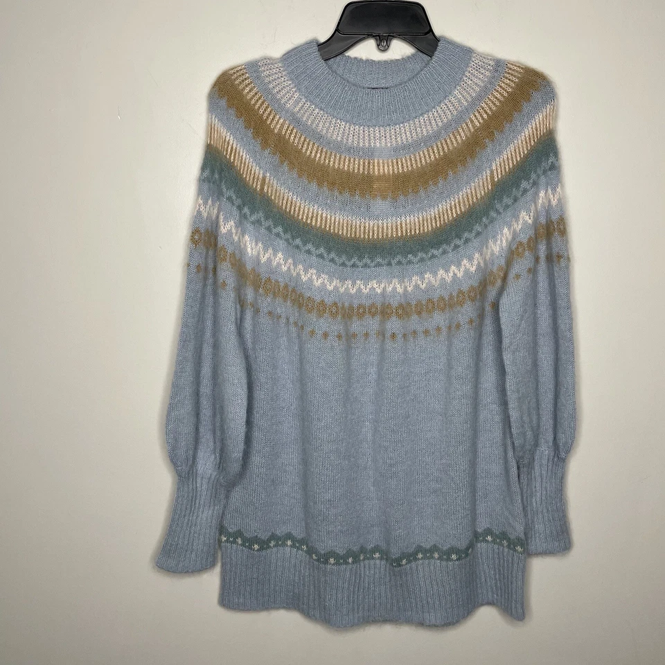 J.CREW Sweater Women XS Blue Fair Isle Pullover Puff Sleeve Oversized BD152
