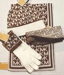 $203 Michael Kors 4-Piece Set SCARF, HAT, GLOVES (3-Pc) + HEADBAND Camel White * - Picture 1 of 3