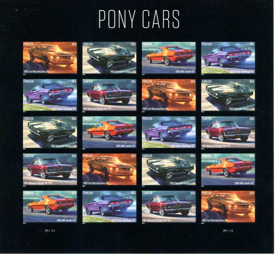 Full sheet of 20, NDC, PO Fresh, featuring 5 different Pony Cars - Image 1 of 1