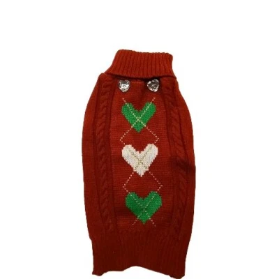 Dog Red Argyle Sweater Sz M Knit Christmas Heart Valentine Rhinestone Sparkle  - Image 1 of 4