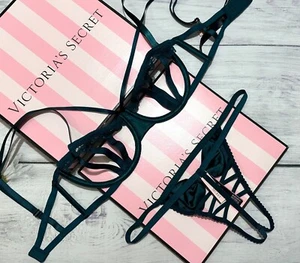 Victoria's Secret Luxe Lingerie Cut-Out Balconet Bra Set Green Ivy Bow Thong - Picture 1 of 9