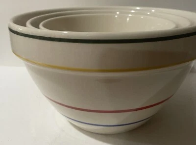 Stoneware Set 3 Beige Mixing Bowls/Green, Yellow, Red, Blue Trim - Image 1 of 4