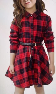 CNKIDS Girls Casual Dress Belt Long Sleeve Buffalo Check Black Red 8T - Picture 1 of 6