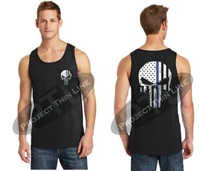 Thin Blue Line Tattered Skull Police American Flag Law Enforcement Tank Top - Picture 1 of 2