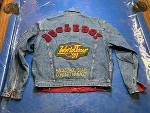 Vtg Bugle Boy 90s Denim Trucker Jacket Mens M World Tour Patch Sewn Heavy - Picture 1 of 10