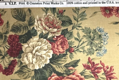 Tan Cotton Red Rose Bouquets  Green Floral Fabric by Cranston  1Y #26 - Image 1 of 4