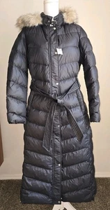 NWT Lauren Ralph Lauren Womens Black Maxi Quilted Parka Black Hooded Fur Belt - Picture 1 of 8