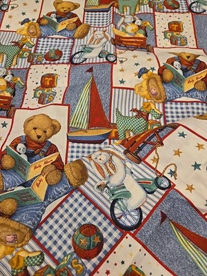 Vintage Daisy Kingdom Blue Jean Teddy Picture Patch Allover Cotton  1 Yard + 11" - Image 1 of 2