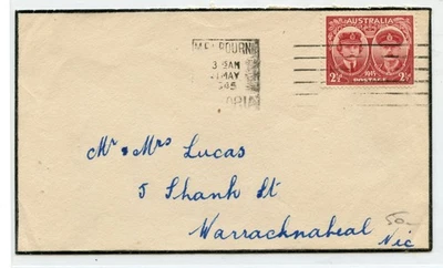 Australia 21 MAY 1945 MOURNING cover from Melbourne to Warracknabeal Victoria - Image 1 of 2