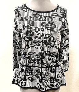 Etcetera Knit Top Peplum Size M Black White Houndstooth Leopard NWT - Picture 1 of 6