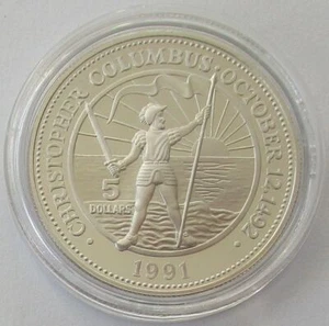 Bahamas 5 Dollars 1991 500 Years America Columbus with Flag Silver Proof - Picture 1 of 2