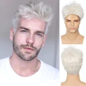 Mens Wig Short Natural Straight Curly White Hair Male Cosplay Party Wigs Fashion - Picture 1 of 9