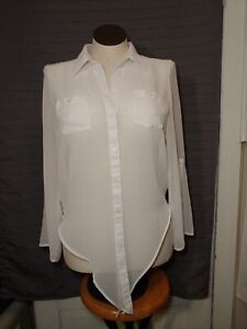 Junior Women's l.e.i. Large White Sheer Button Down Shirt Roll Tab Sleeves - K