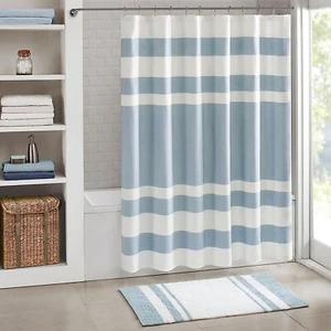 Tenda da doccia classica in tessuto a righe tessuto waffle spa blu bianco - Foto 1 di 6