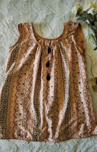 Designs by Mona Handmade leichte orange ärmellose braune Muster Bluse L? - Bild 1 von 8
