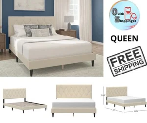 Cama Queen Con Plataforma Tapizada Cabecera Estilo Capitoné En Forma De Diamante - Picture 1 of 12