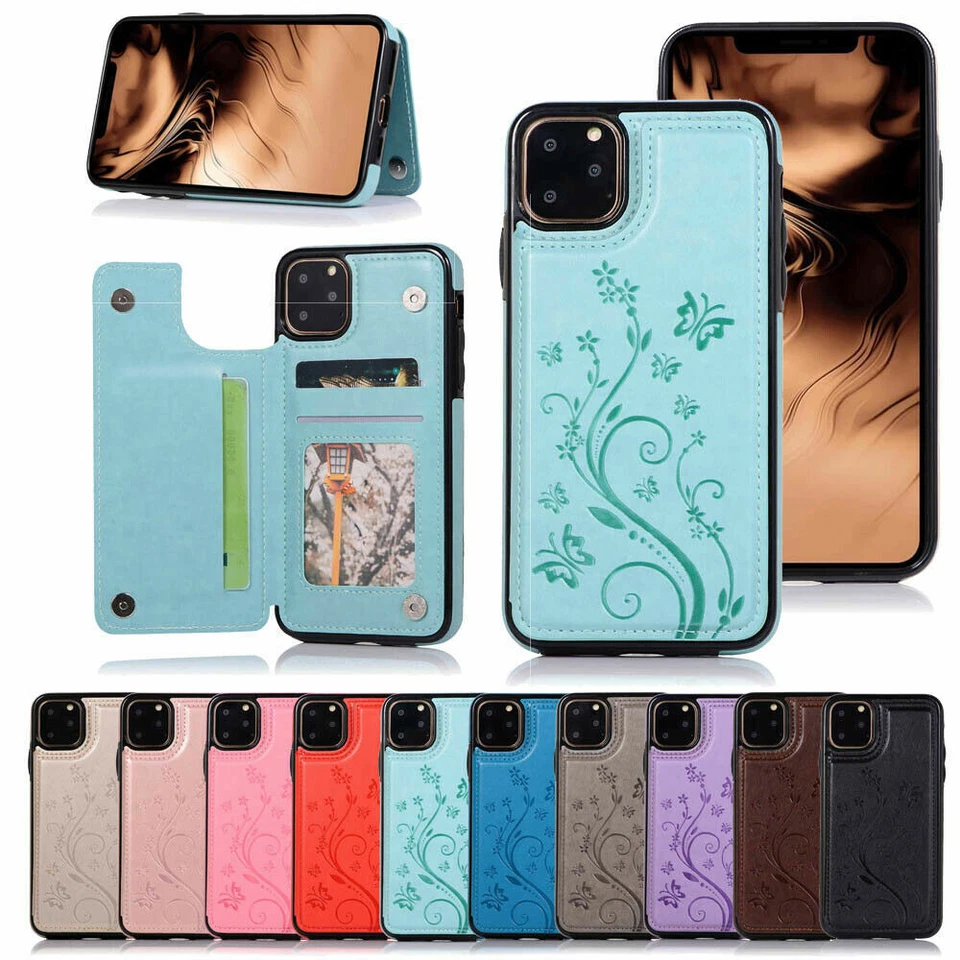For iPhone 11 12 13 Pro 14 6s 7 8 Credit Card Holder Leather Wallet Back Case - Image 1 of 4