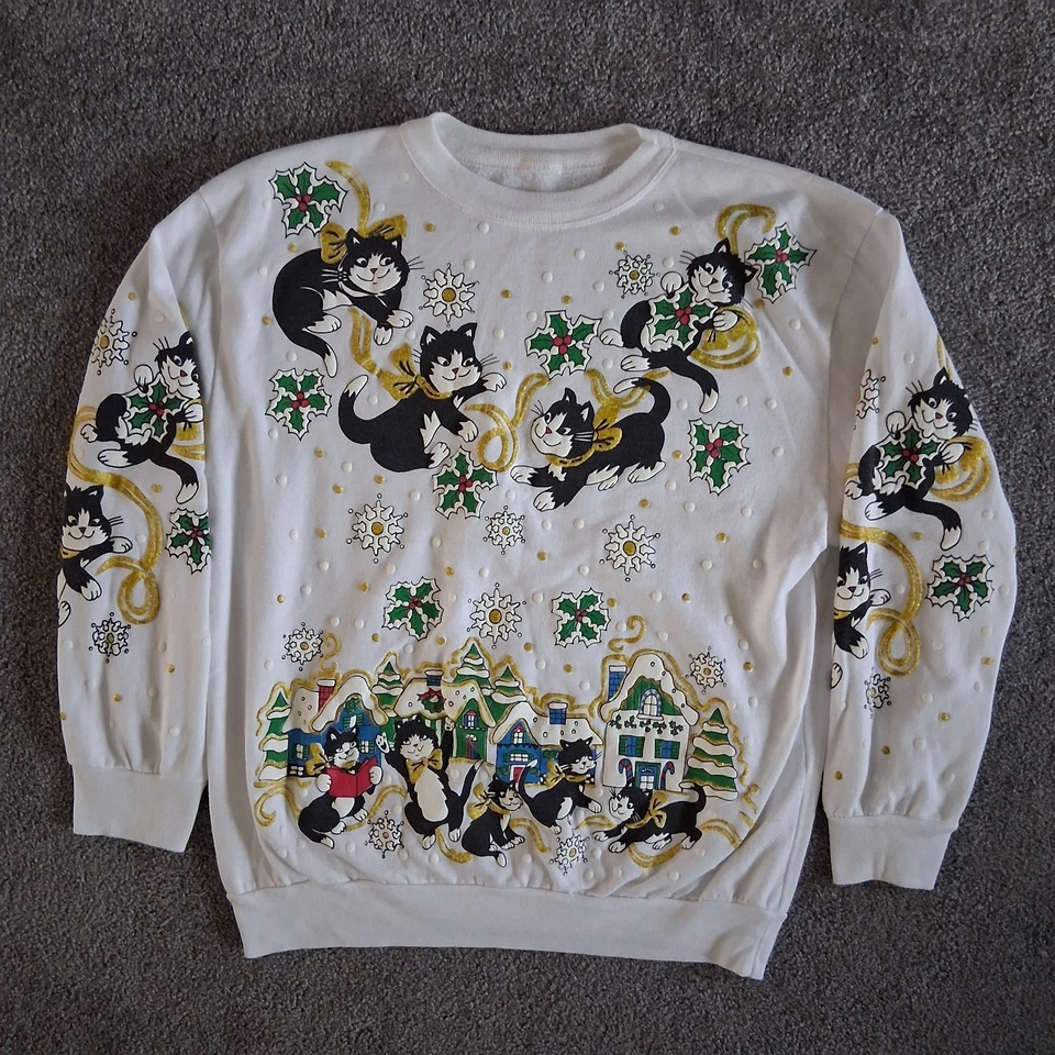Vintage 80/90s Cat Christmas Sweatshirt Cute Kitty Kitten Playing Ugly  - Image 1 of 4