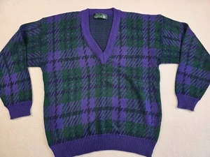 Vintage Kings Court Mens Purple & Green Plaid V-Neck 90s Grandpa Sweater Size L - Picture 1 of 3