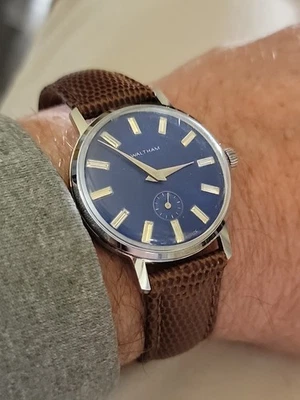 Редкие винтажные часы 1960-х Waltham Smoseco синий циферблат ручной завод 37 мм Франция 7J, ЧИТАЙТЕ  - Изображение 1 из 4