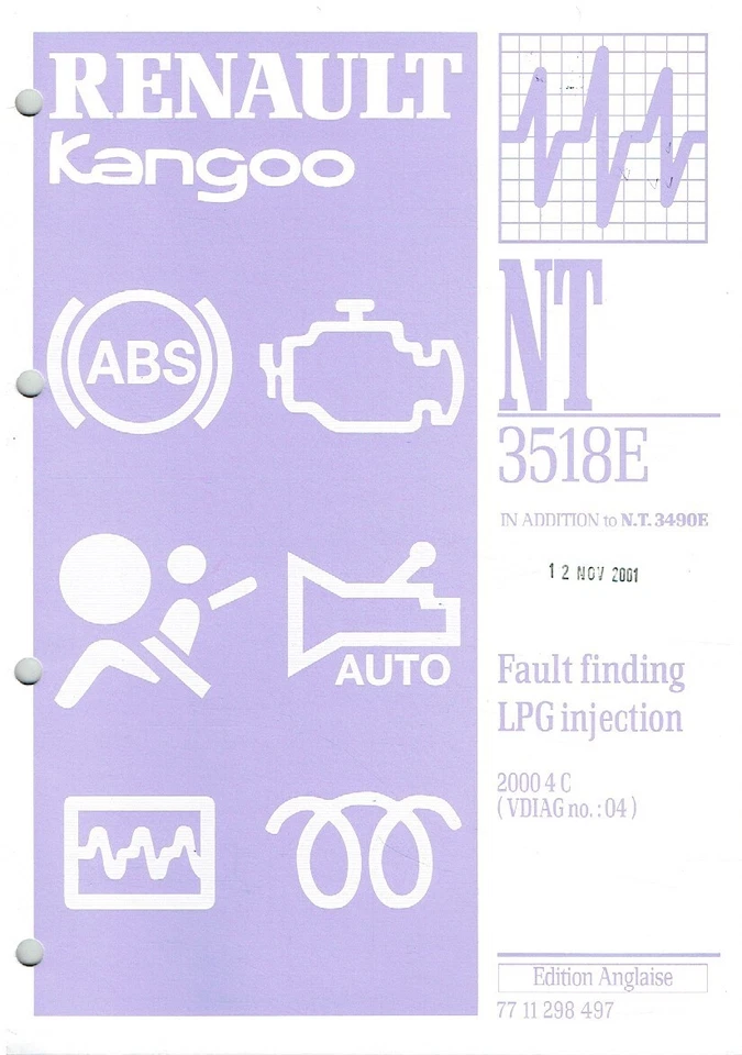 RENAULT KANGOO Mk1 2001 FACTORY LPG INJECTION SYSTEM FAULT DIAGNOSIS MANUAL - Image 1 of 1
