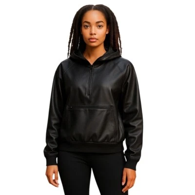 Maison d'Amelie Black Faux Leather Half Zip Pullover Hooded Sweatshirt Women’s S - Image 1 of 4