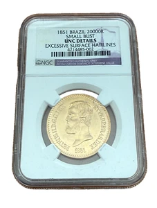 Brazil 1851 Gold 20000 Reis NGC UNC Details Pedro II - Picture 1 of 2