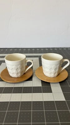 Unbranded Ivory 2 Set Of Espresso Cups & Wood Saucer Holder - Image 1 of 4