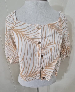 ROXY Womens Large Pure Sugar Cream Khaki Leaf Button Off Shoulder Crop Top NWT - Picture 1 of 6