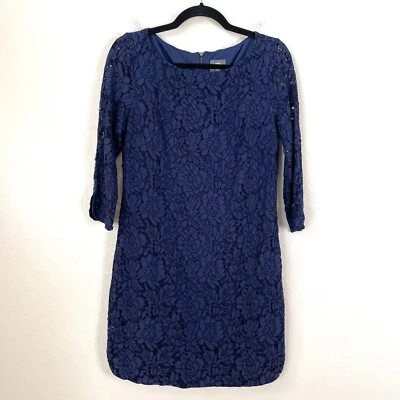 Vince Camuto Womens Size 8 Navy Lace Overlay Shift Dress 3/4 See Through Sleeve - Image 1 of 4