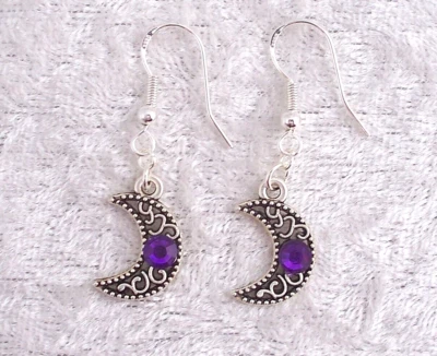 Tibetan Silver Crescent Moon Purple Diamante 925 Silver Hook Earrings.Handmade Foto 1 de 4