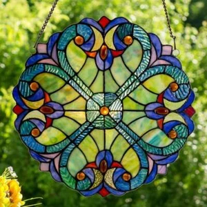 12-In Blue and Green Floral Tiffany Style Stained Glass Window Panel Suncatcher - Picture 1 of 8