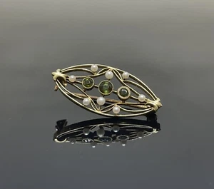 ANTIKE 14k Gold PERIDOT & Perle Anstecknadel/Brosche 20er Jahre - Bild 1 von 6