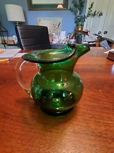 Blenko Green Clear Handle Hand Blown Art Glass Serving Pitcher Carafe 4 1/2" MCM - Picture 1 of 8
