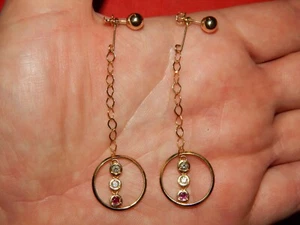 14K YELLOW GOLD DIAMOND & RUBY BEAD BALL OPEN CIRCLE FLOATING DROP EARRINGS  - Picture 1 of 7