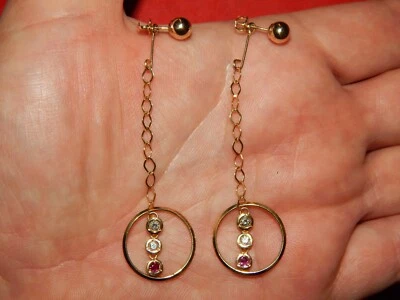 14K YELLOW GOLD DIAMOND & RUBY BEAD BALL OPEN CIRCLE FLOATING DROP EARRINGS  - Image 1 of 4