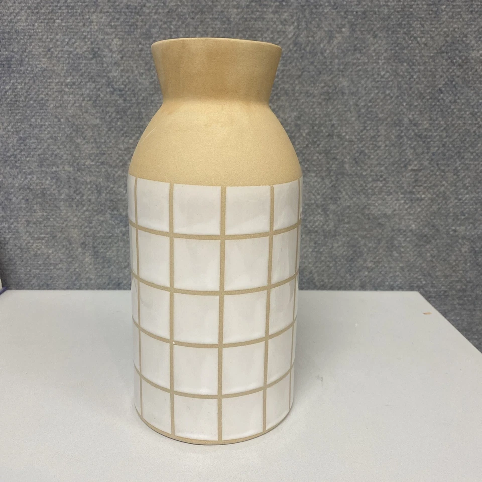 New Old East Main Co Flower Market Ceramic Container Vase Tan White Square Grid - Image 1 of 1