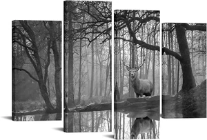 Black and White Deer in Forest Canvas Art - 4 Piece Elk Wall Decor, 48X33 Framed - Picture 1 of 7
