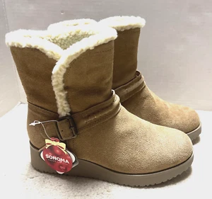 Women New SONOMA Chestnut Suede Leather Faux-Fur Lined Wedge Boots Size 8 - Picture 1 of 10