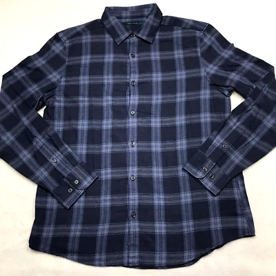 PERRY ELLIS Flannel Shirt Men L Royal Blue Tattersall Plaid Preppy Dark Academia - Image 1 of 4